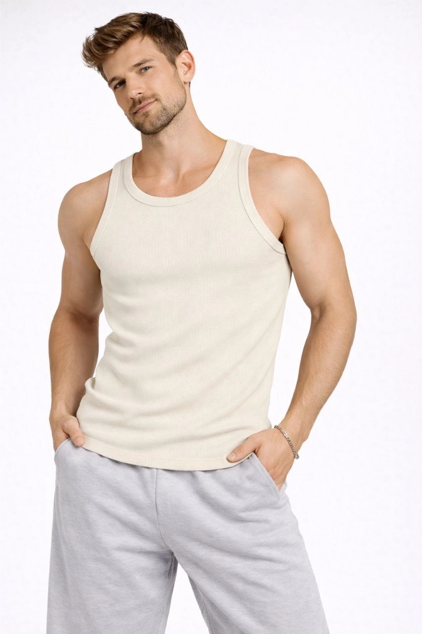 Asmedo Erkek Fitilli Atlet Sıfır Yaka Slim Fit Arka Baskılı Spor Atlet - Krem görsel 4
