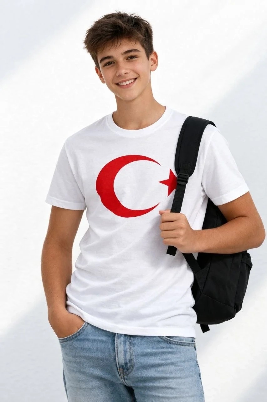 Tarz Yeri Erkek Çocuk Tişört Bisiklet Yaka Ay Yıldız Bayrak Baskılı T-Shirt - Beyaz görsel 3
