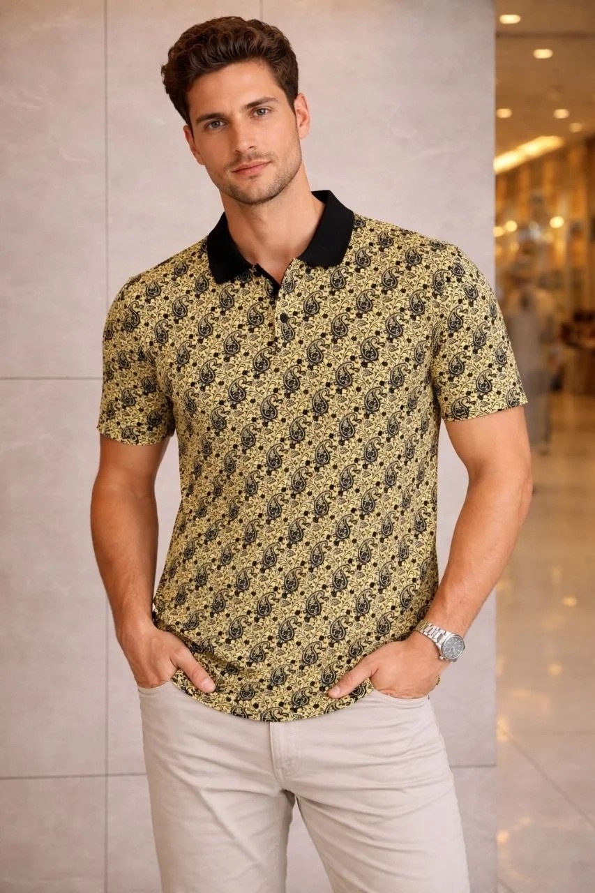 Tarz Yeri Erkek Pike Kumaş Polo Yaka Palmiye Desenli Tişört Kısa Kol Yazlık T-Shirt - Sarı