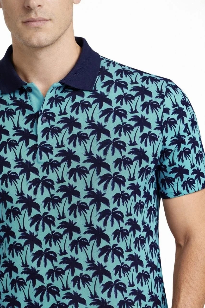 Tarz Yeri Erkek Pike Kumaş Polo Yaka Palmiye Desenli Tişört Kısa Kol Yazlık T-Shirt - Turkuaz
