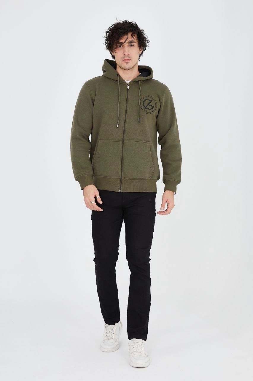 Erkek 3 Iplik Pamuklu Fermuarlı Kapüşonlu Kanguru Cepli Baskılı Hoodie Hırka Sweatshirt - Ye�