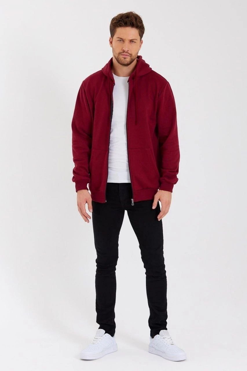 Erkek 3 Iplik Pamuklu Tam Fermuarlı Kapüşonlu Kanguru Cepli Düz Hoodie Sweatshirt - Bordo görsel 2