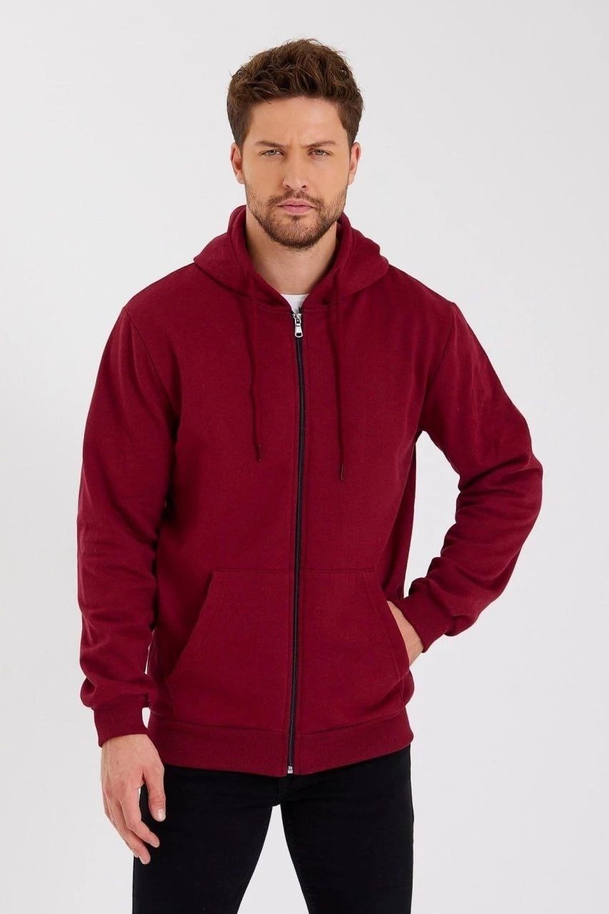 Erkek 3 Iplik Pamuklu Tam Fermuarlı Kapüşonlu Kanguru Cepli Düz Hoodie Sweatshirt - Bordo görsel 3