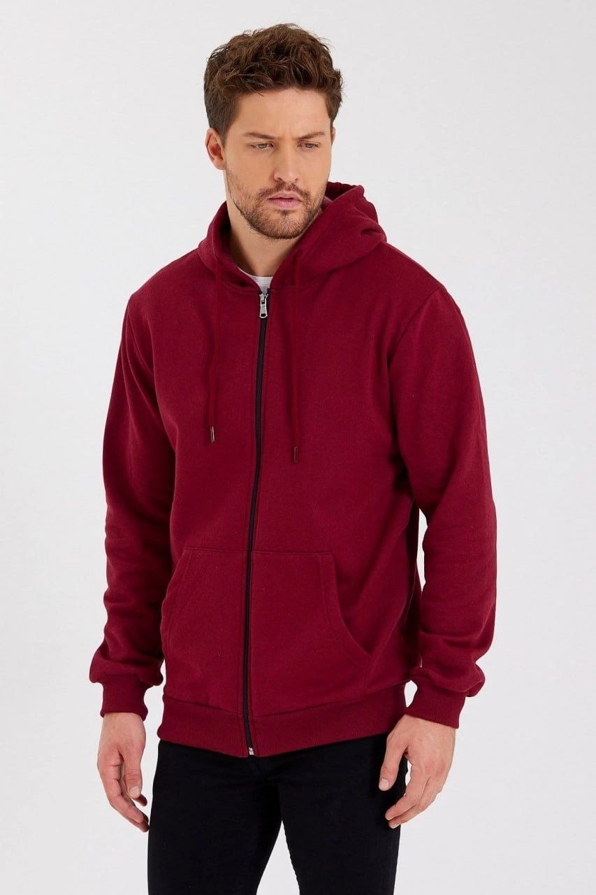Erkek 3 Iplik Pamuklu Tam Fermuarlı Kapüşonlu Kanguru Cepli Düz Hoodie Sweatshirt - Bordo görsel 4