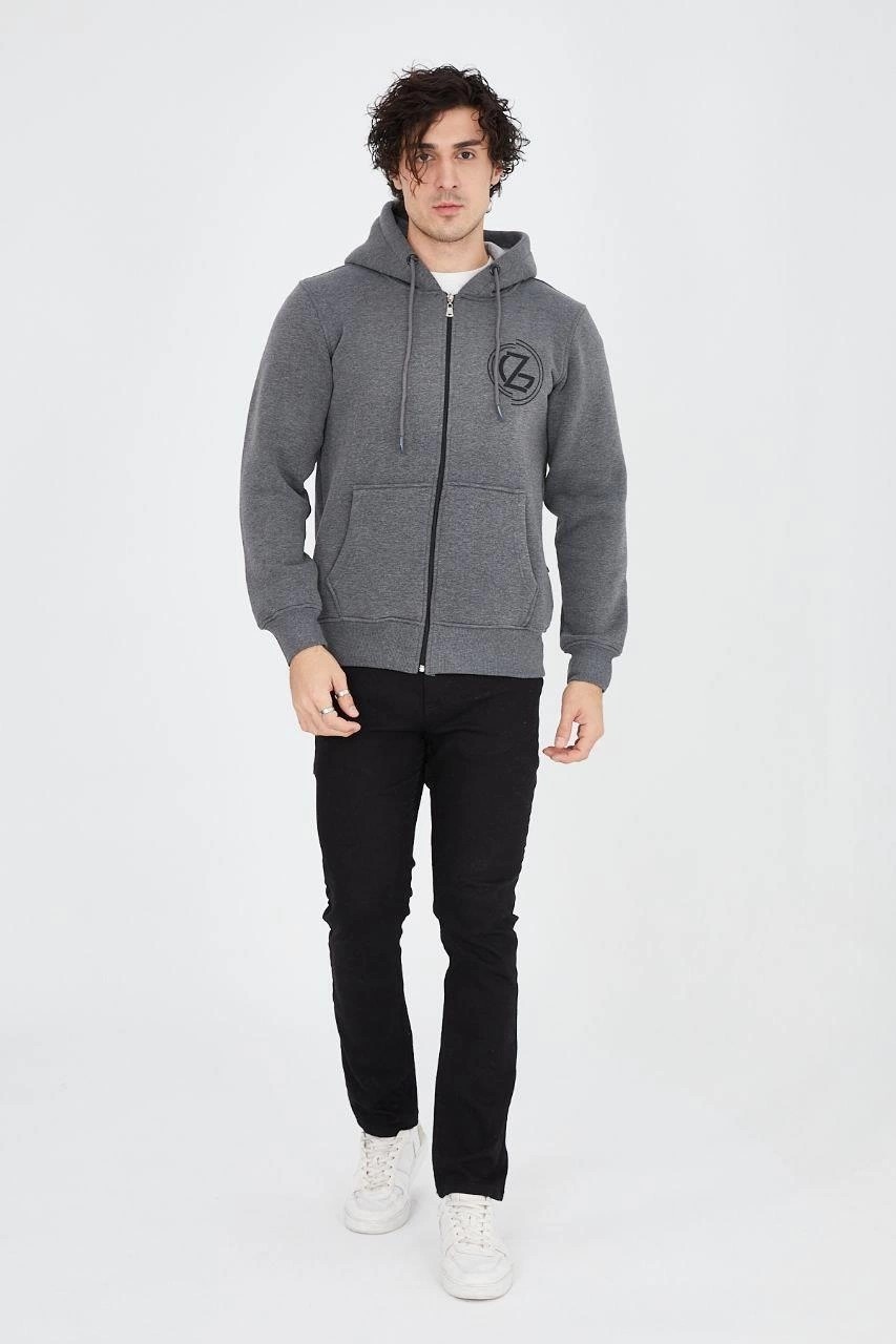 Erkek 3 Iplik Pamuklu Fermuarlı Kapüşonlu Kanguru Cepli Baskılı Hoodie Hırka Sweatshirt - Fü görsel 3