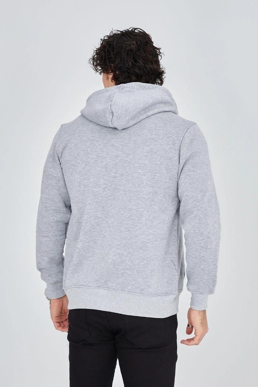 Erkek 3 Iplik Pamuklu Fermuarlı Kapüşonlu Kanguru Cepli Baskılı Hoodie Hırka Sweatshirt -Gri görsel 2