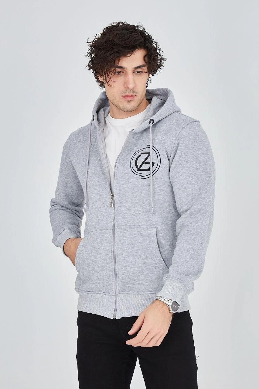 Erkek 3 Iplik Pamuklu Fermuarlı Kapüşonlu Kanguru Cepli Baskılı Hoodie Hırka Sweatshirt -Gri görsel 4