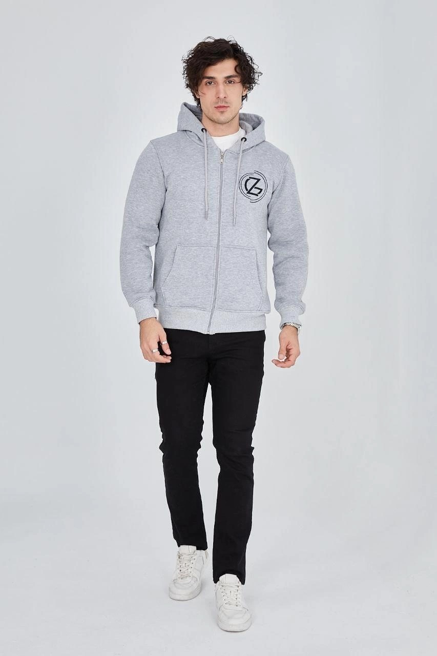 Erkek 3 Iplik Pamuklu Fermuarlı Kapüşonlu Kanguru Cepli Baskılı Hoodie Hırka Sweatshirt -Gri görsel 5