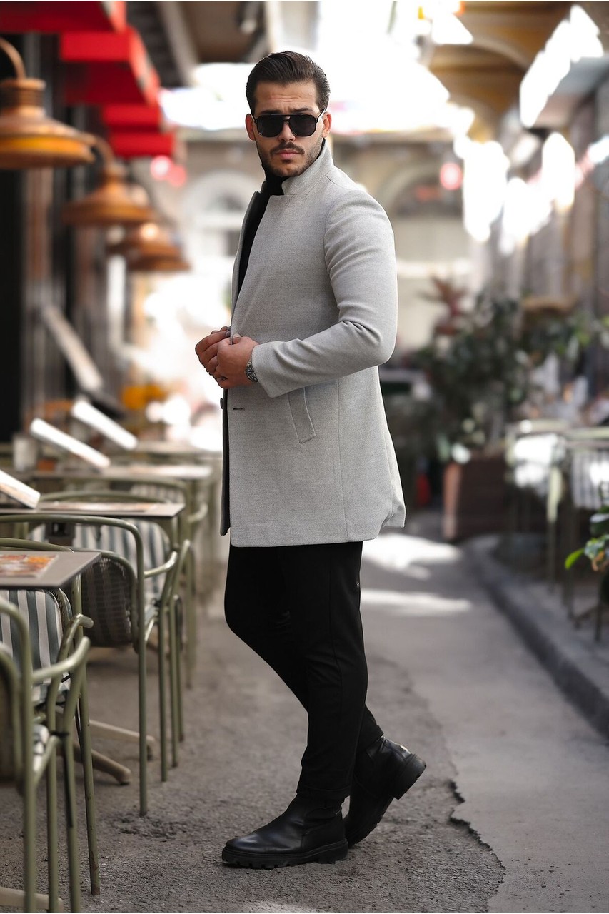 Hello7 Erkek Siyah slim Fit dar kesim Kaşe Kaban Yeni Sezon görsel 7