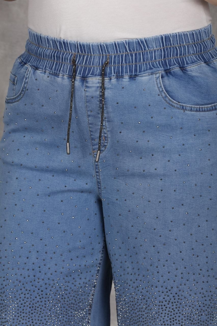 Zanessi Fashion Büyük Beden Beli Lastikli Bağcıklı Taş Detaylı Denim Kadın Şort görsel 4
