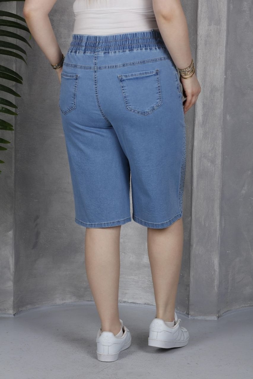 Zanessi Fashion Büyük Beden Beli Lastikli Bağcıklı Taş Detaylı Denim Kadın Şort görsel 5
