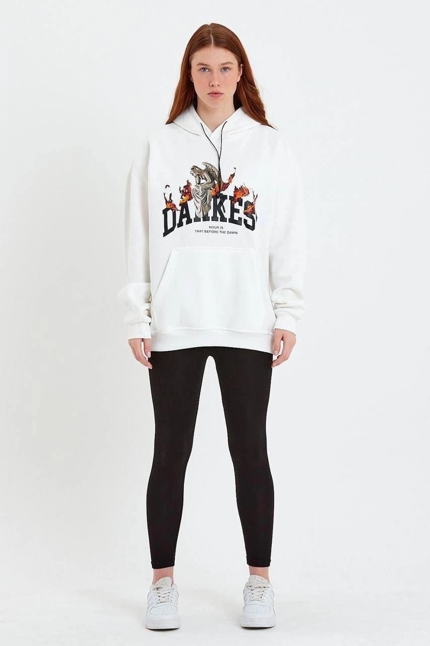 Tarz Yeri Kadın Oversize Kapüşonlu Cepli Baskılı 3 Iplik Pamuklu Hoodie Sweatshirt - Beyaz görsel 2