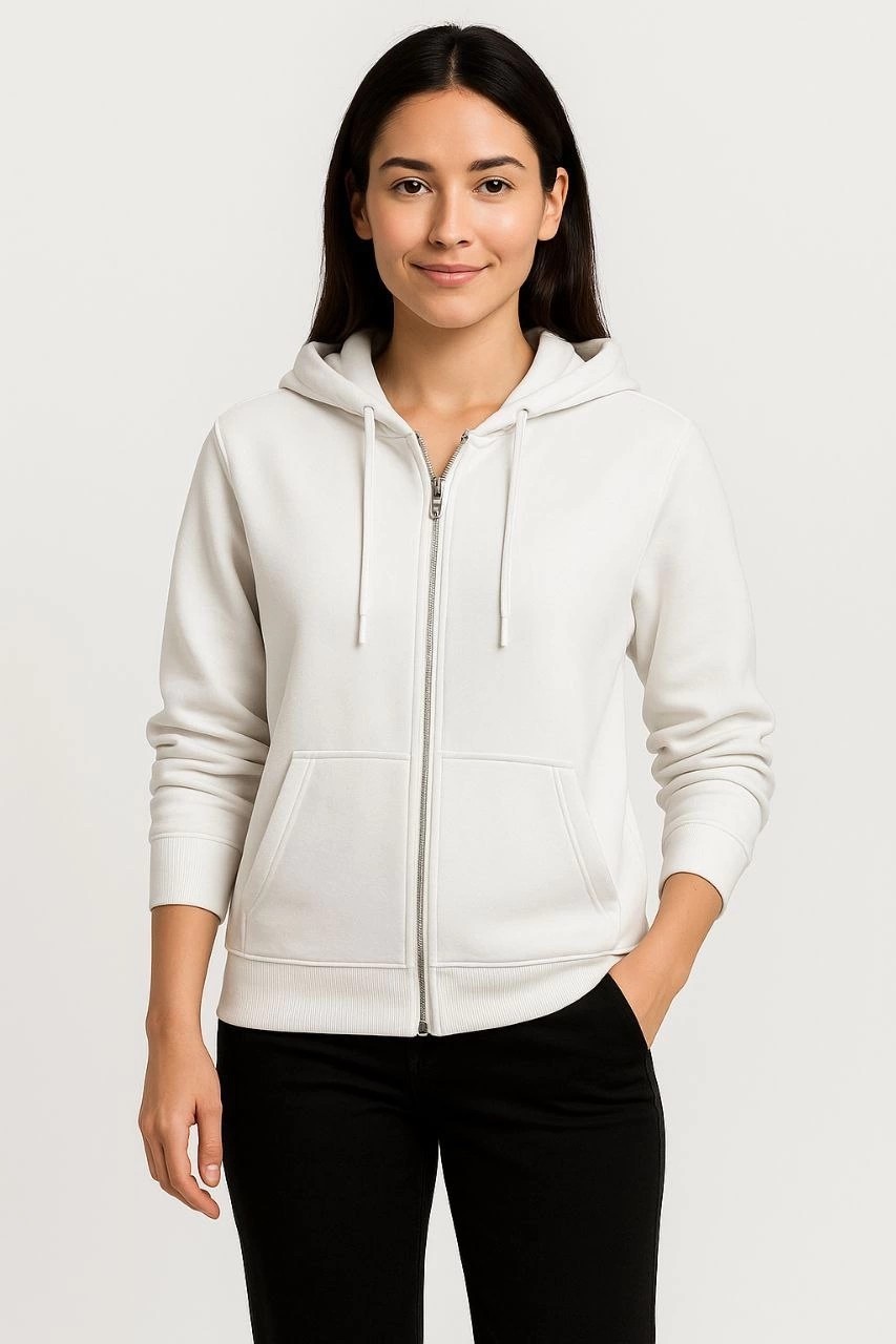 Tarz Yeri Kadın 3 Iplik Kapüşonlu Tam Fermuarlı Kanguru Cepli Sweatshirt Hoodie - Beyaz
