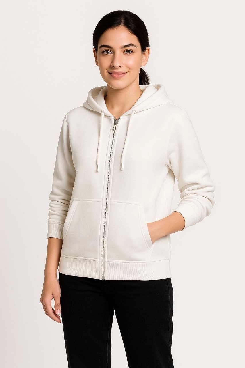 Tarz Yeri Kadın 3 Iplik Kapüşonlu Tam Fermuarlı Kanguru Cepli Sweatshirt Hoodie - Beyaz görsel 2