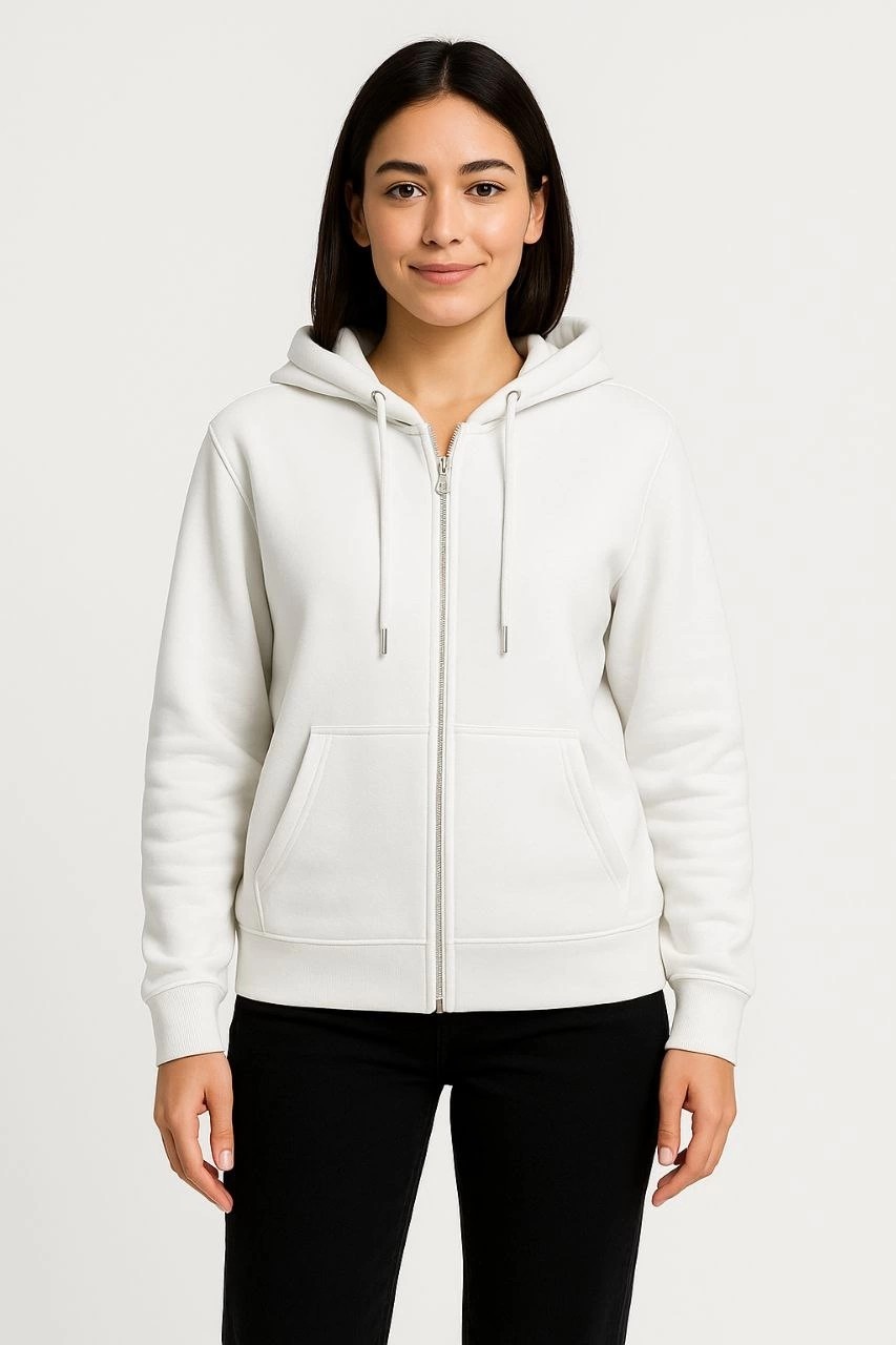 Tarz Yeri Kadın 3 Iplik Kapüşonlu Tam Fermuarlı Kanguru Cepli Sweatshirt Hoodie - Beyaz görsel 5