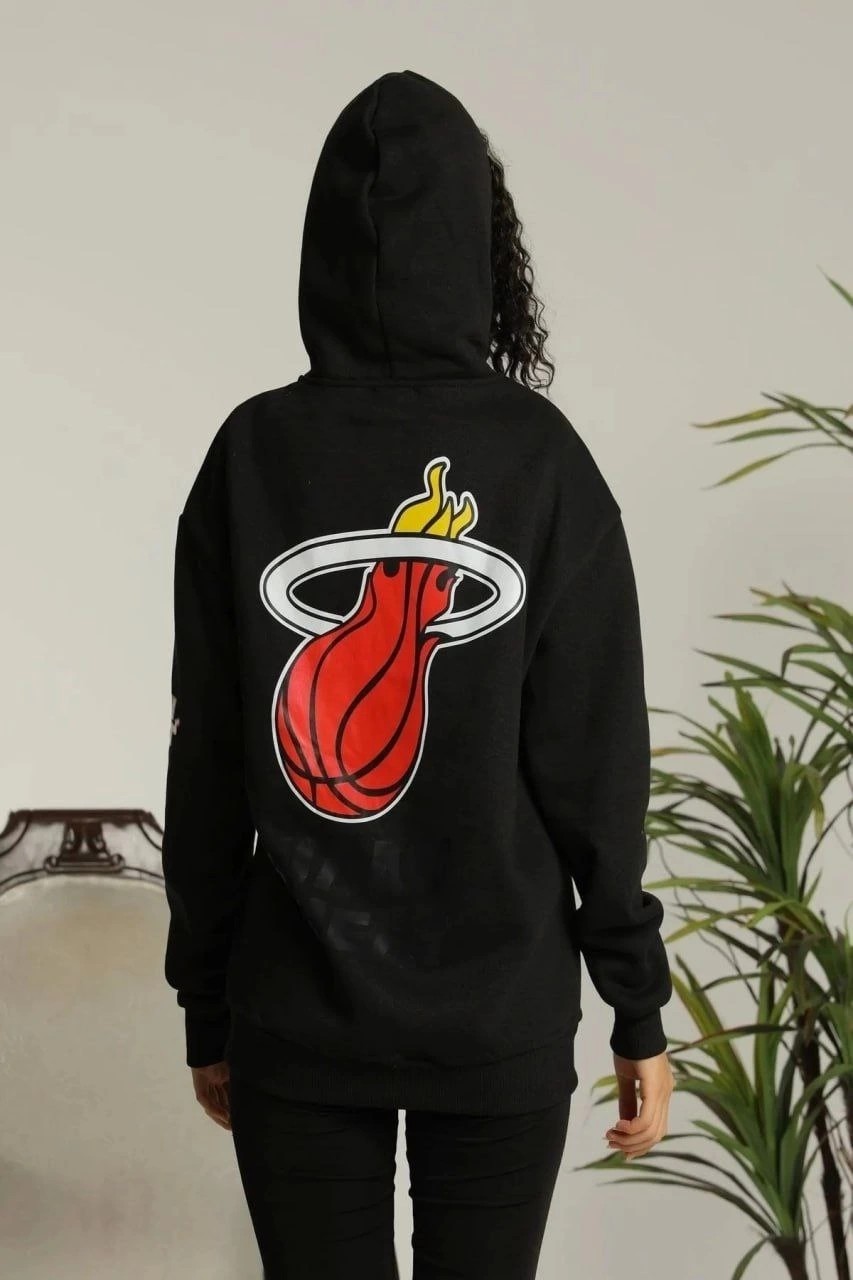 Tarz Yeri Kadın Oversize Kapüşonlu Cepli Baskılı 3 Iplik Pamuklu Hoodie Sweatshirt - Siyah