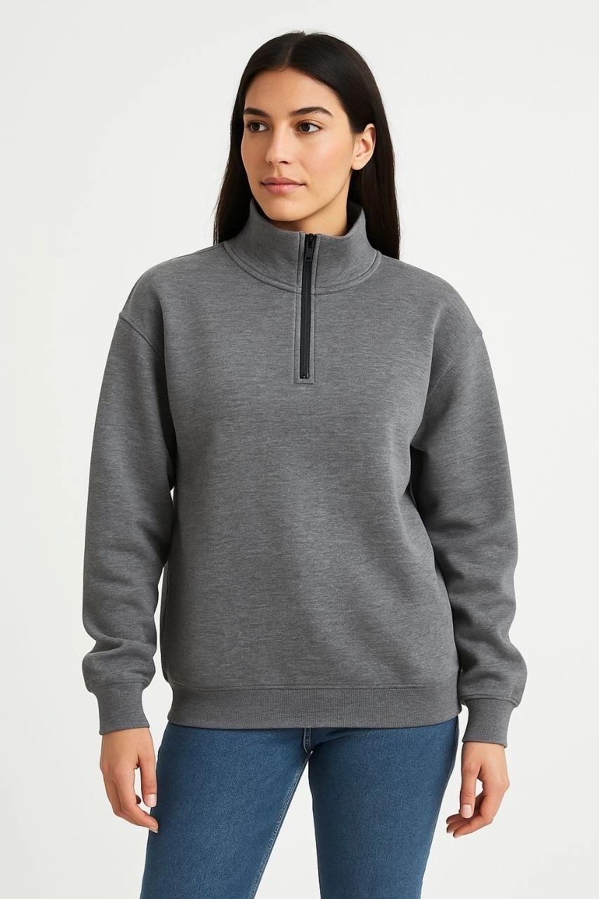 Tarz Yeri Kadın 3 Iplik Pamuklu Dık Yaka Yarım Fermuarlı Sweatshirt - Antrasit