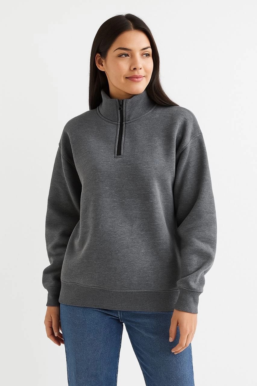 Tarz Yeri Kadın 3 Iplik Pamuklu Dık Yaka Yarım Fermuarlı Sweatshirt - Antrasit görsel 3
