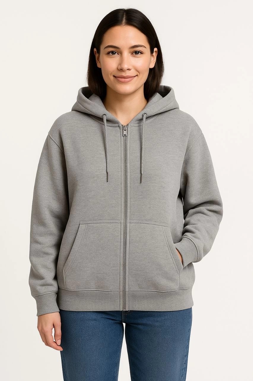 Tarz Yeri Kadın 3 Iplik Pamuklu Kapüşonlu Tam Fermuarlı Kanguru Cepli Sweatshirt Hoodie - Gri