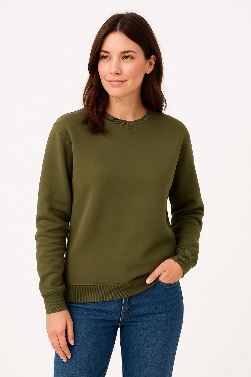 Tarz Yeri Kadın 3 Iplik Pamuklu Düz Bisiklet Yaka Sweatshirt - Haki
