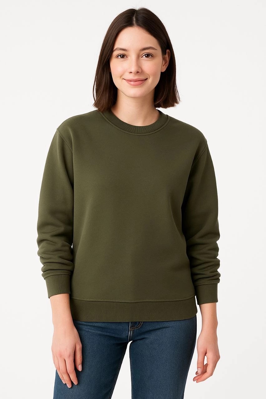 Tarz Yeri Kadın 3 Iplik Pamuklu Düz Bisiklet Yaka Sweatshirt - Haki görsel 3