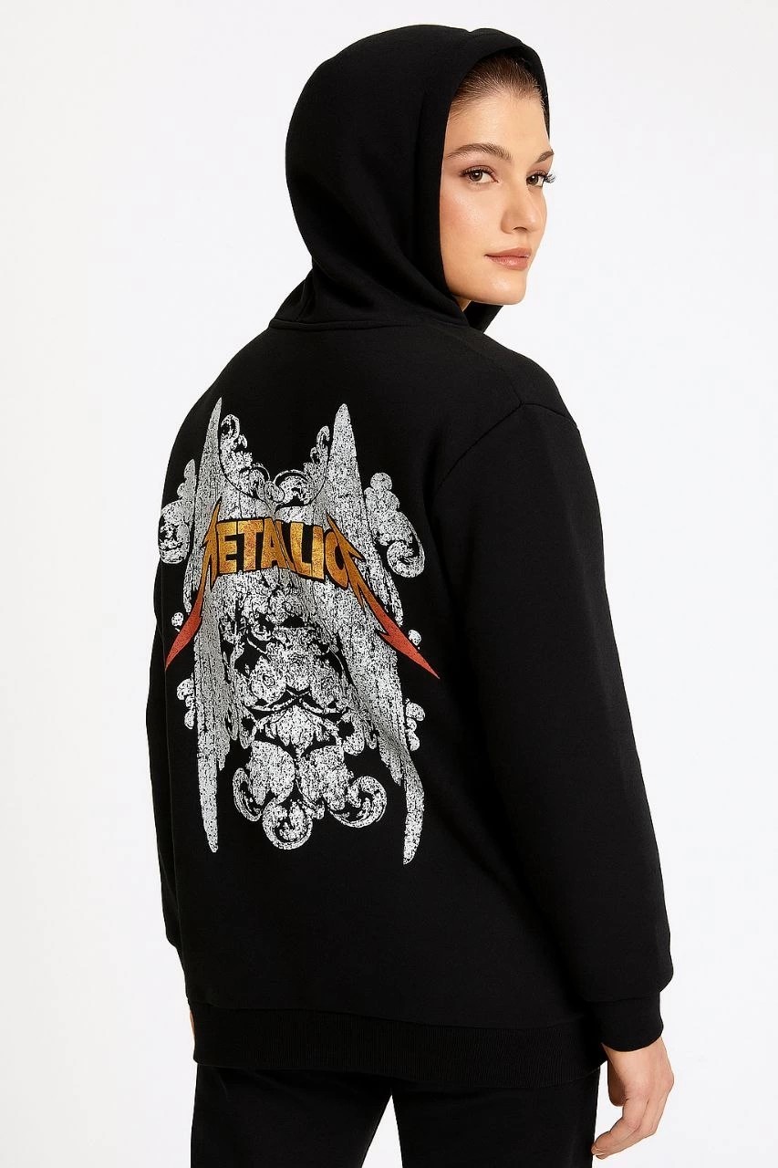Tarz Yeri Metallica Iki Iplik Kapüşonlu Ön ve Arka Baskılı Hoodie - Siyah görsel 3