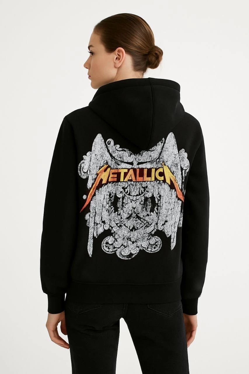 Tarz Yeri Metallica Iki Iplik Kapüşonlu Ön ve Arka Baskılı Hoodie - Siyah görsel 4