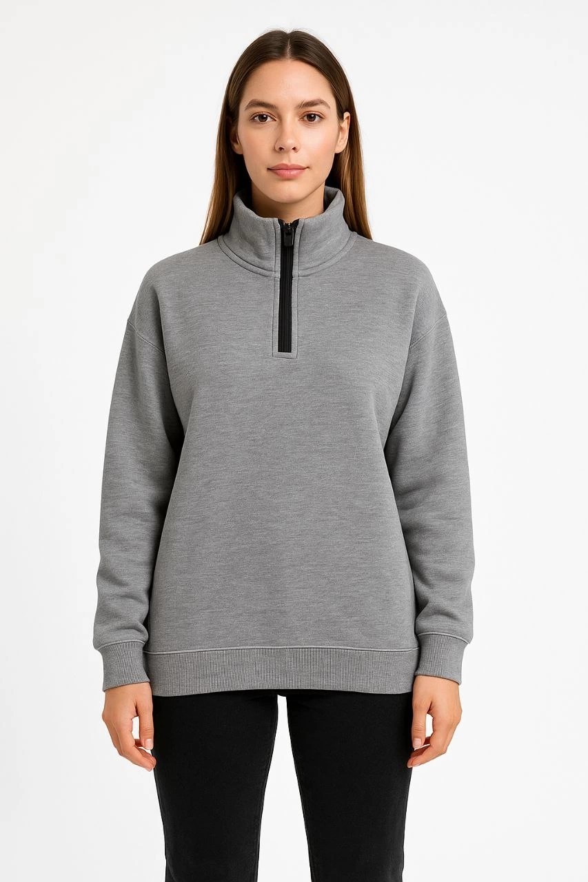 Tarz Yeri Kadın 3 Iplik Pamuklu Dık Yaka Yarım Fermuarlı Sweatshirt - Gri