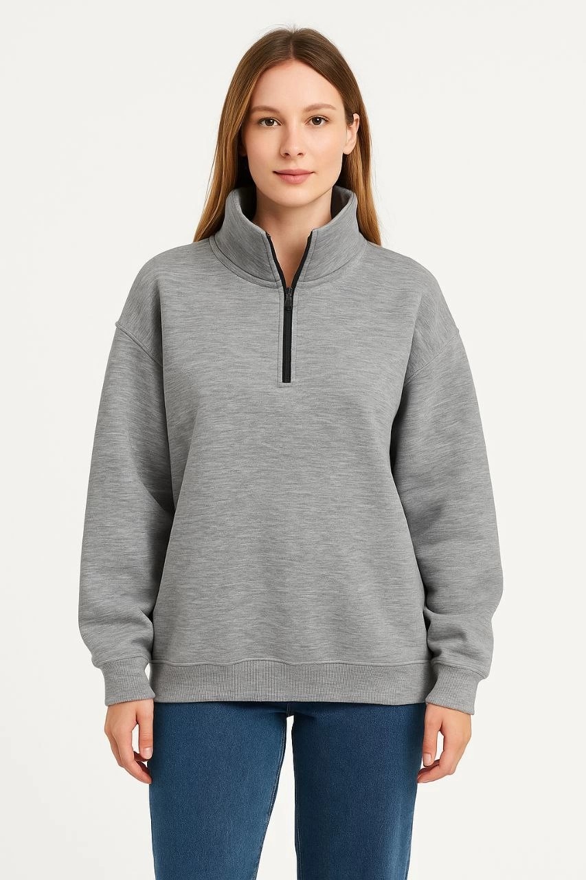 Tarz Yeri Kadın 3 Iplik Pamuklu Dık Yaka Yarım Fermuarlı Sweatshirt - Gri görsel 2