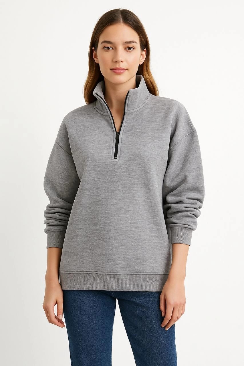 Tarz Yeri Kadın 3 Iplik Pamuklu Dık Yaka Yarım Fermuarlı Sweatshirt - Gri görsel 3