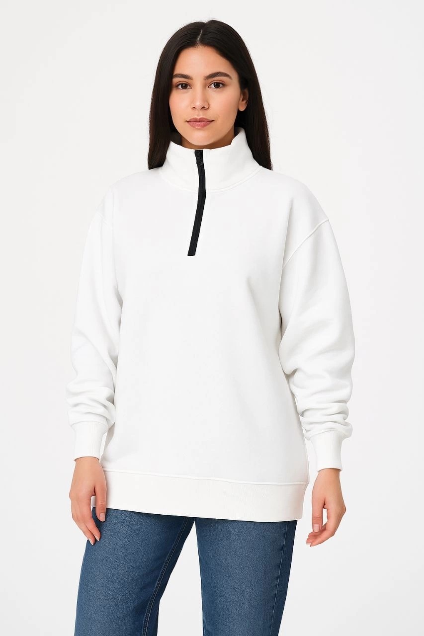 Tarz Yeri Kadın 3 Iplik Pamuklu Dık Yaka Yarım Fermuarlı Sweatshirt - Beyaz görsel 3