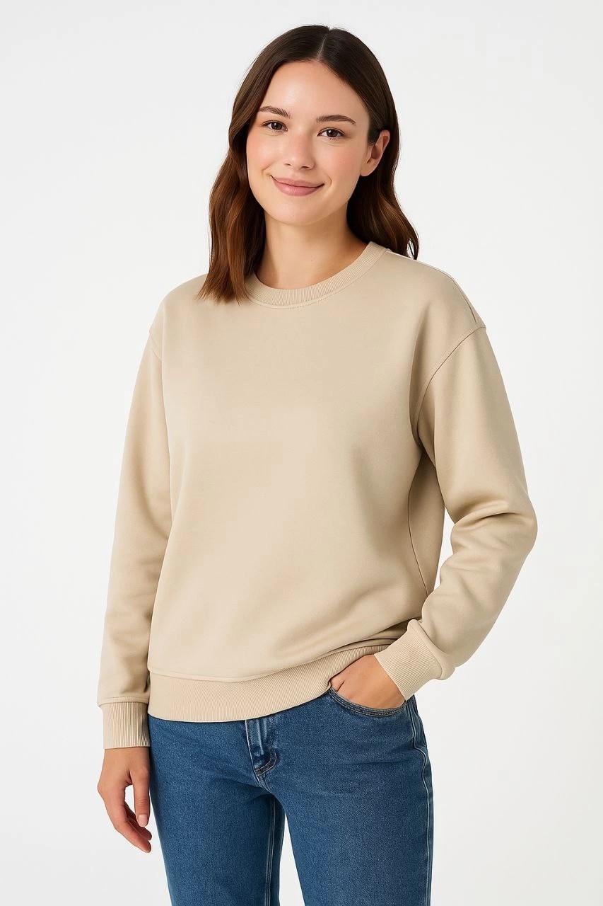 Tarz Yeri Kadın 3 Iplik Pamuklu Düz Bisiklet Yaka Sweatshirt - Bej