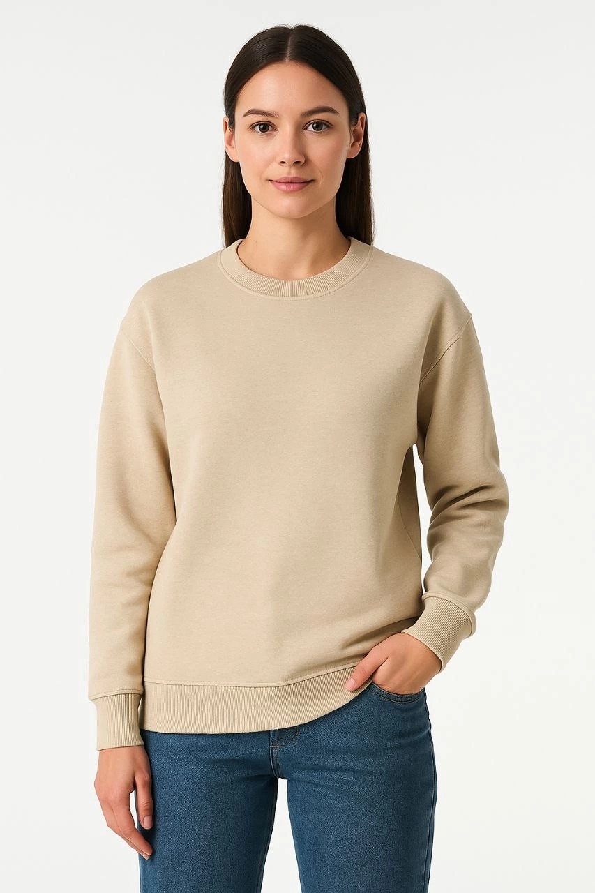 Tarz Yeri Kadın 3 Iplik Pamuklu Düz Bisiklet Yaka Sweatshirt - Bej görsel 2