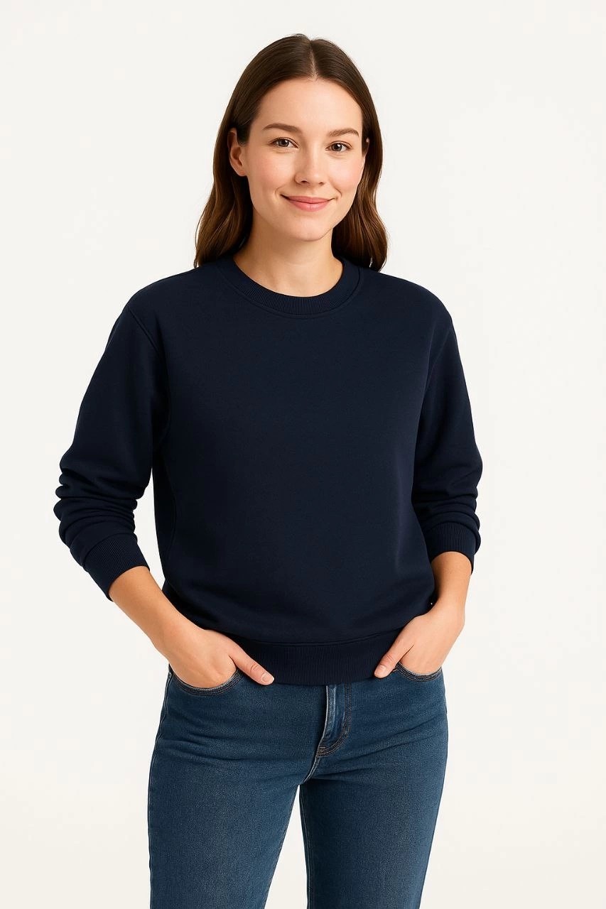 Tarz Yeri Kadın 3 Iplik Pamuklu Düz Bisiklet Yaka Sweatshirt - Lacivert