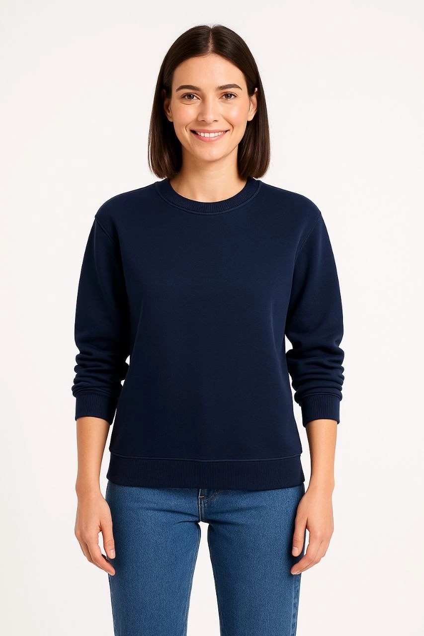 Tarz Yeri Kadın 3 Iplik Pamuklu Düz Bisiklet Yaka Sweatshirt - Lacivert görsel 2