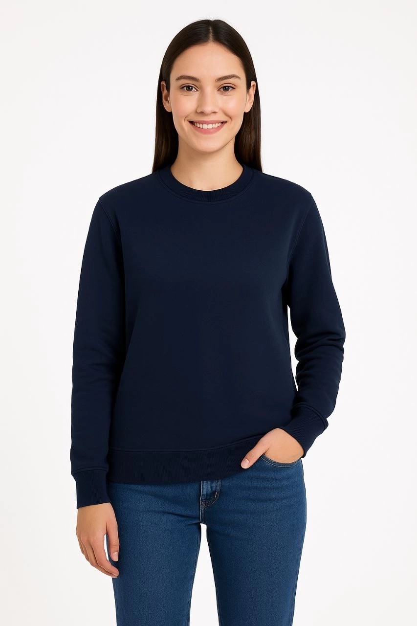 Tarz Yeri Kadın 3 Iplik Pamuklu Düz Bisiklet Yaka Sweatshirt - Lacivert görsel 3