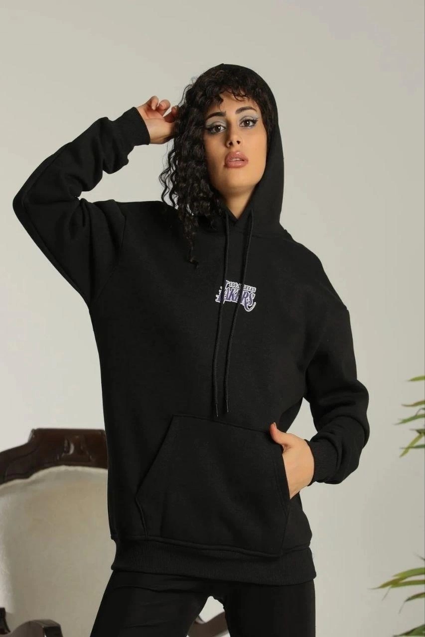 Kadın Oversize Kapüşonlu Cepli Baskılı 3 Iplik Pamuklu Hoodie Sweatshirt - Siyah görsel 2