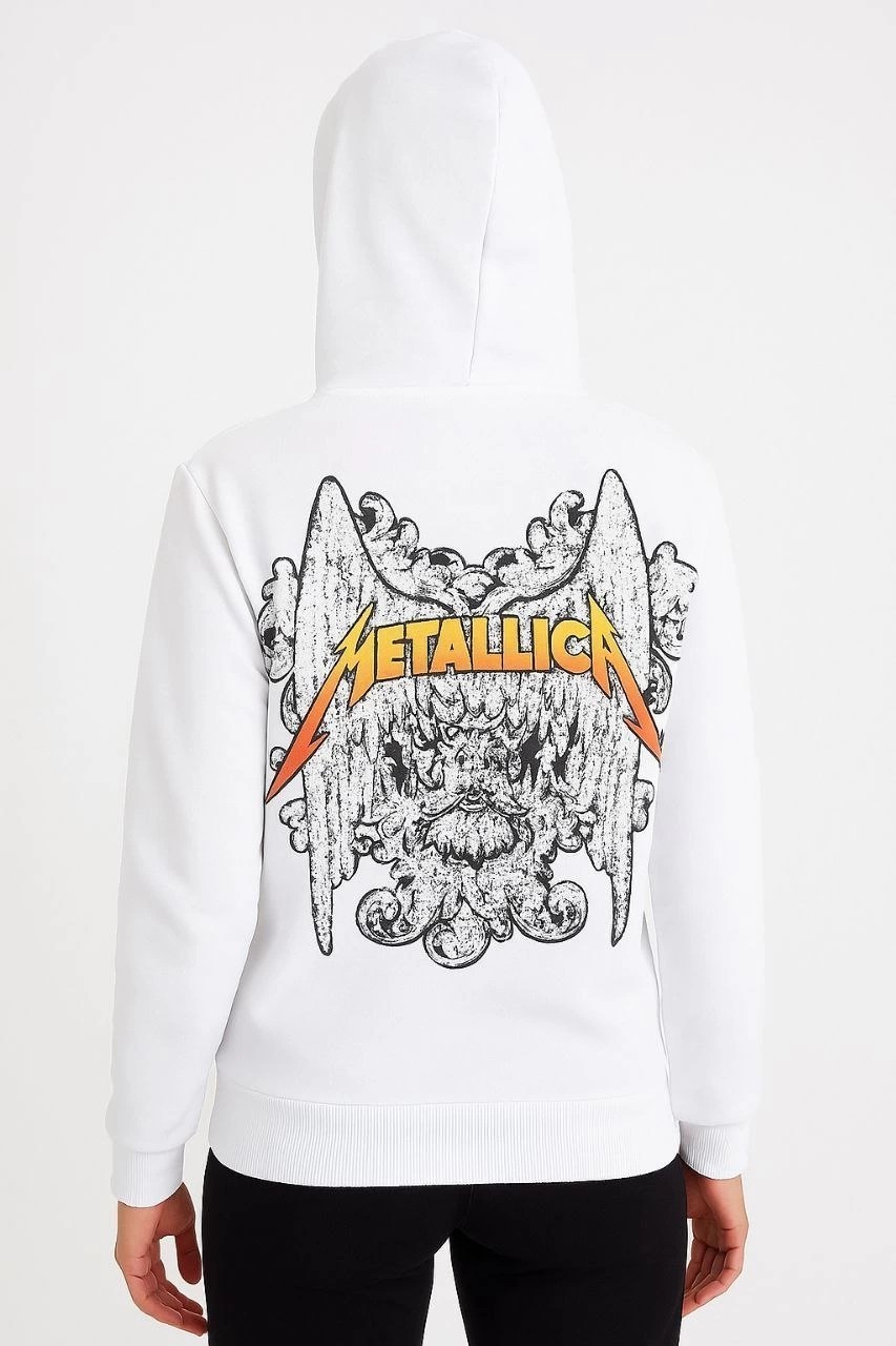 Tarz Yeri Metallica Iki Iplik Kapüşonlu Ön ve Arka Baskılı Hoodie - Beyaz görsel 3
