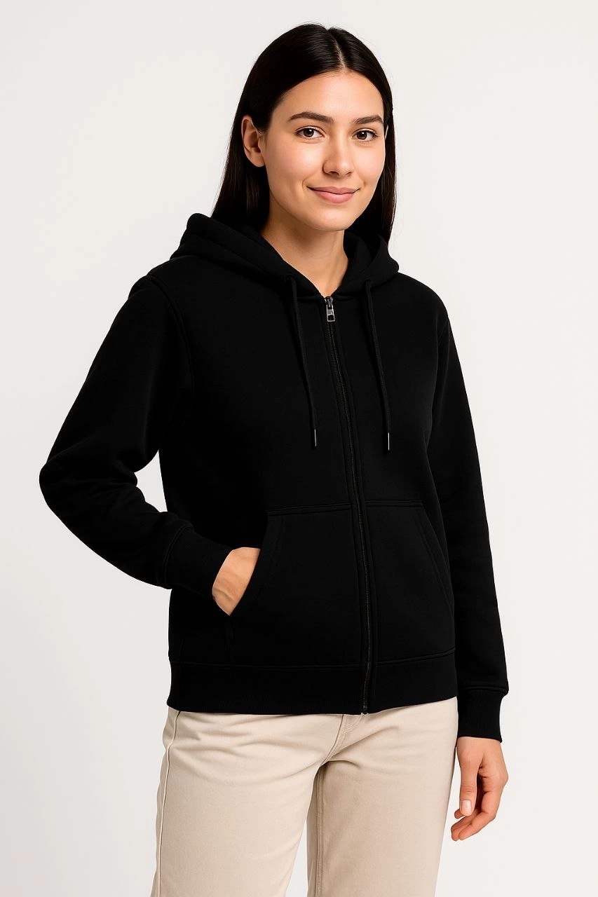 Tarz Yeri Kadın 3 Iplik Kapüşonlu Tam Fermuarlı Kanguru Cepli Sweatshirt Hoodie - Siyah