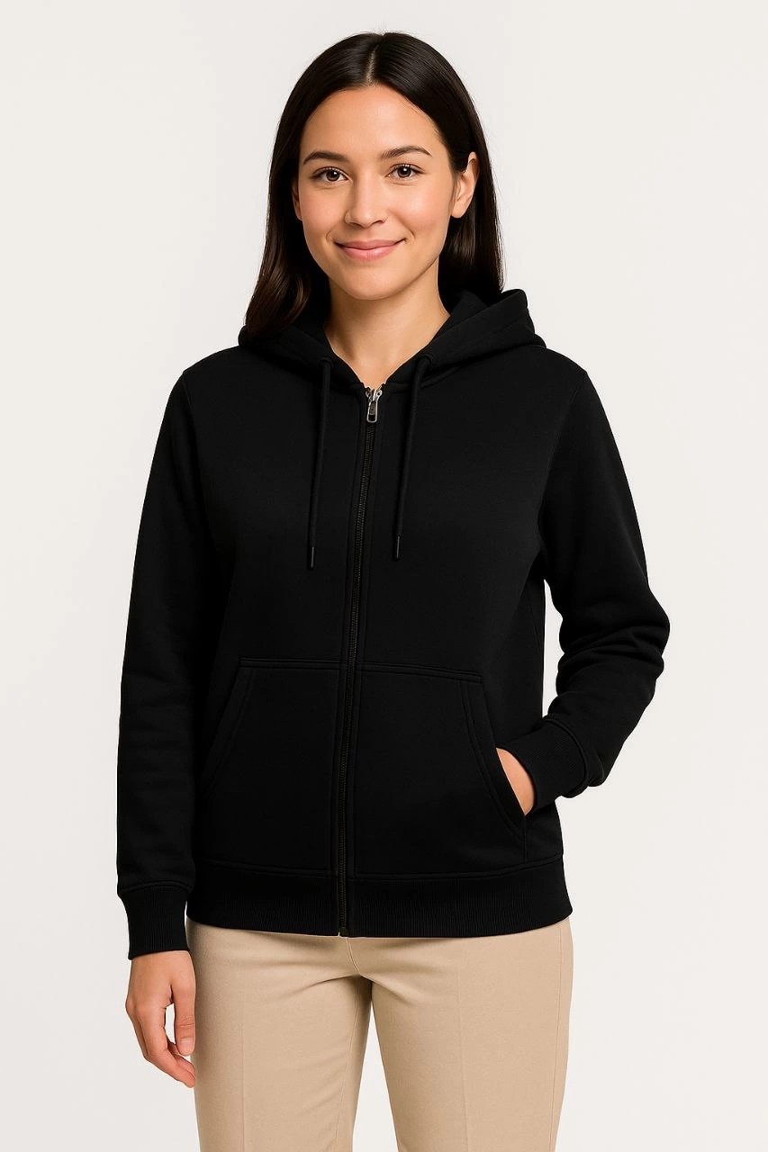 Tarz Yeri Kadın 3 Iplik Kapüşonlu Tam Fermuarlı Kanguru Cepli Sweatshirt Hoodie - Siyah görsel 2