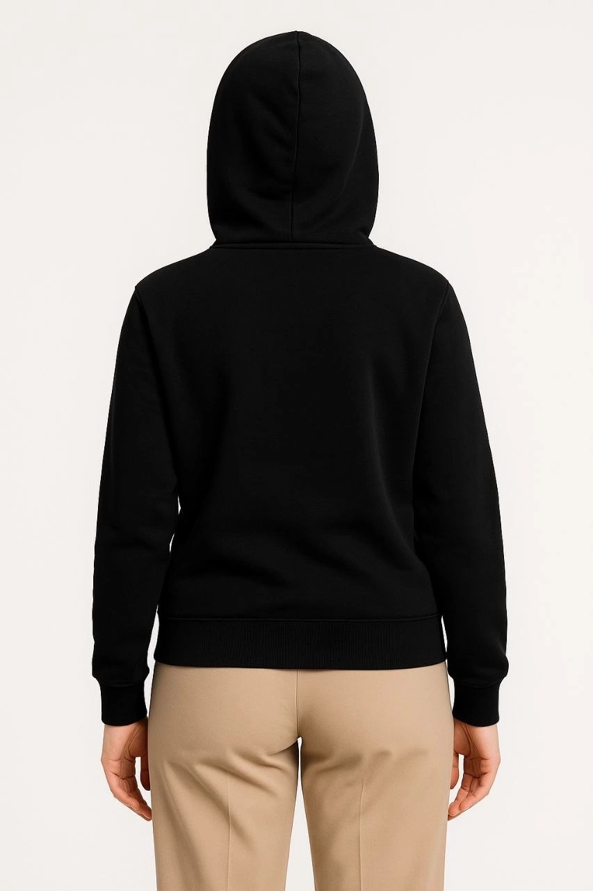 Tarz Yeri Kadın 3 Iplik Kapüşonlu Tam Fermuarlı Kanguru Cepli Sweatshirt Hoodie - Siyah görsel 3