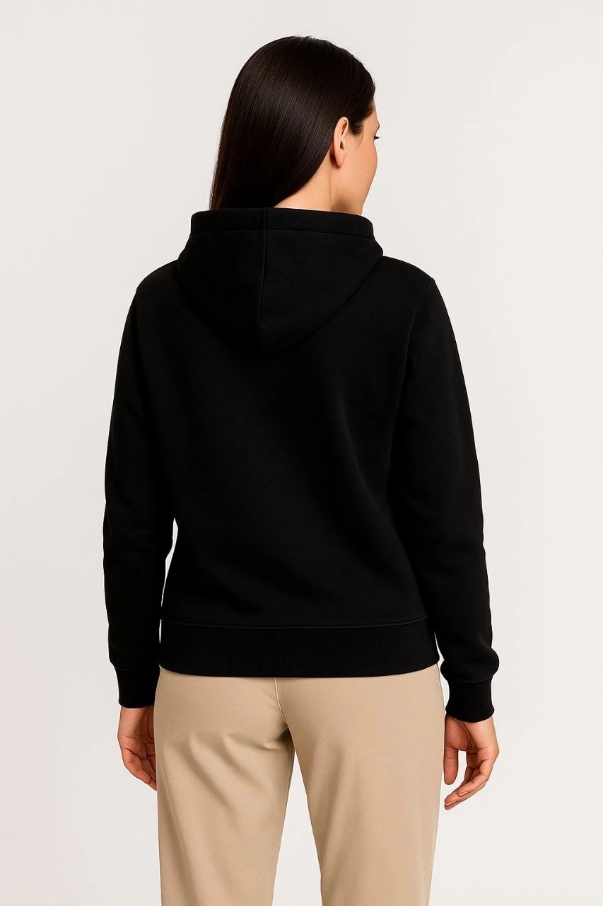 Tarz Yeri Kadın 3 Iplik Kapüşonlu Tam Fermuarlı Kanguru Cepli Sweatshirt Hoodie - Siyah görsel 4