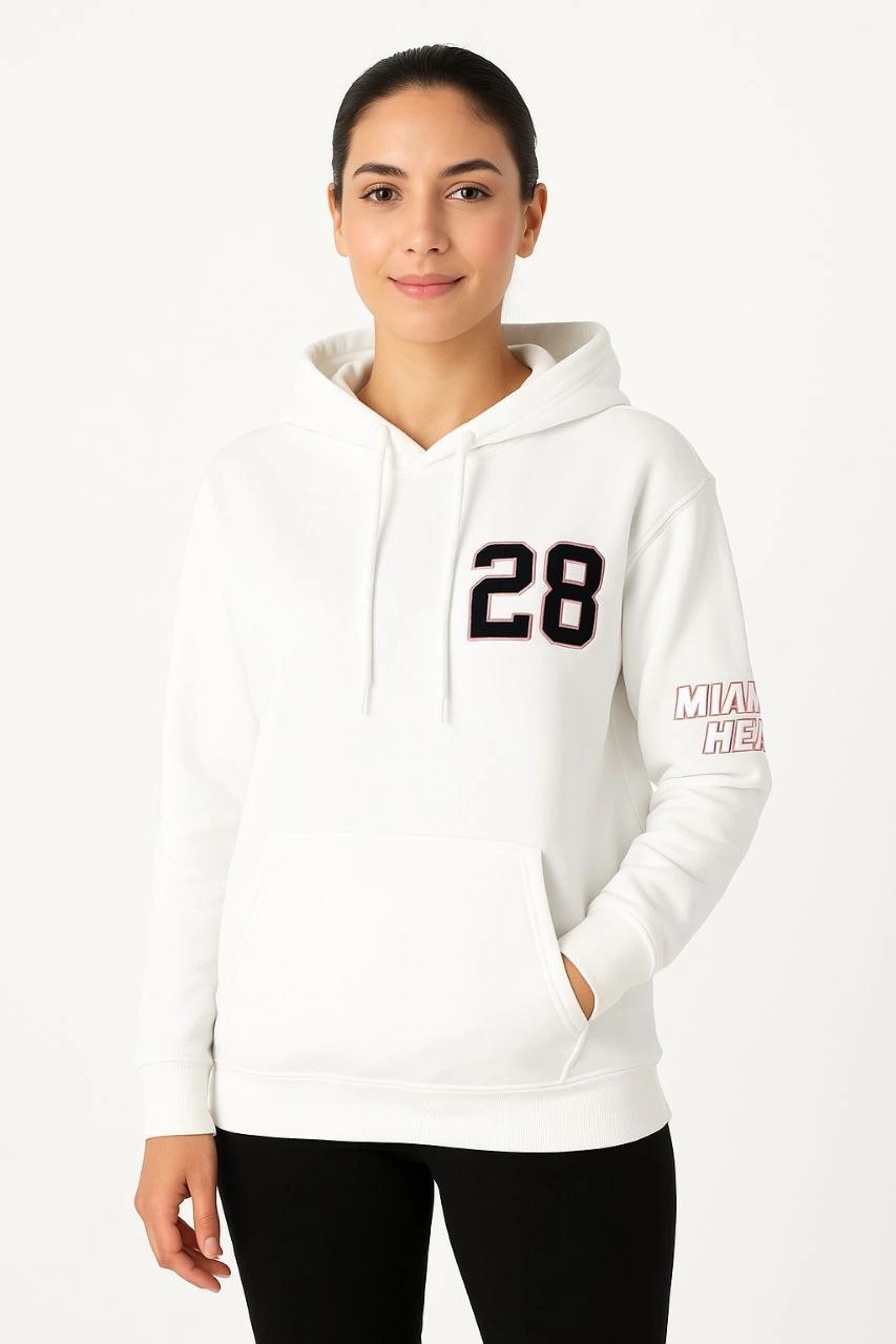 Tarz Yeri Kadın Kapüşonlu Kanguru Cepli Sweatshirt 3 Iplik Pamuklu Baskılı Hoodie - Beyaz