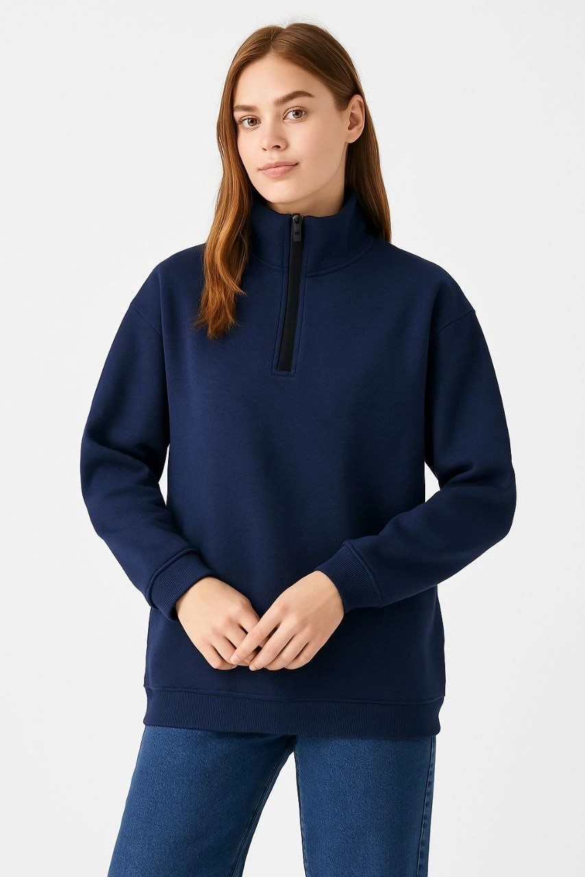 Tarz Yeri Kadın 3 Iplik Pamuklu Dık Yaka Yarım Fermuarlı Sweatshirt - Lacivert görsel 2