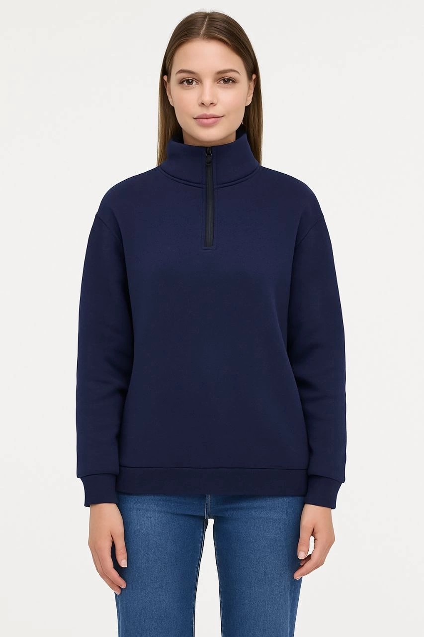 Tarz Yeri Kadın 3 Iplik Pamuklu Dık Yaka Yarım Fermuarlı Sweatshirt - Lacivert görsel 3