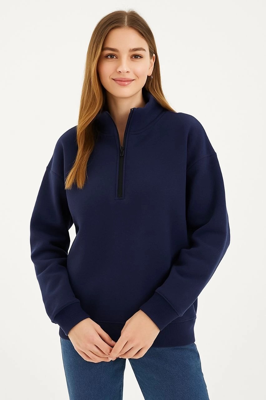 Tarz Yeri Kadın 3 Iplik Pamuklu Dık Yaka Yarım Fermuarlı Sweatshirt - Lacivert görsel 4