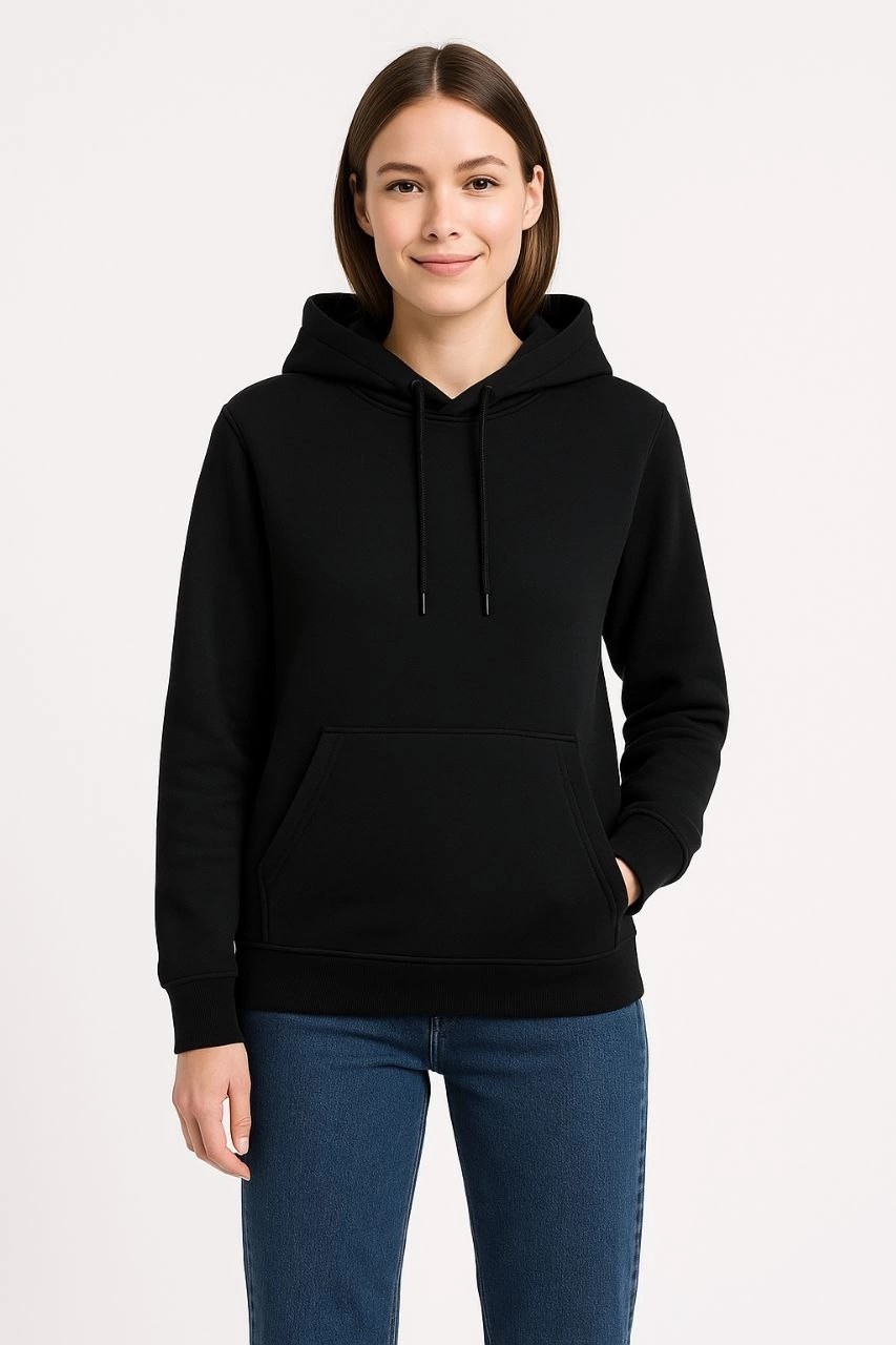 Tarz Yeri Kadın 3 Iplik Pamuklu Kapüşonlu Kanguru Cepli Sweatshirt Hoodie - Siyah