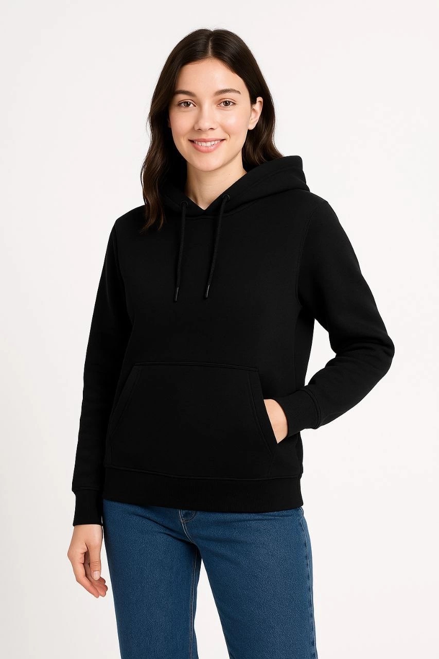 Tarz Yeri Kadın 3 Iplik Pamuklu Kapüşonlu Kanguru Cepli Sweatshirt Hoodie - Siyah görsel 4