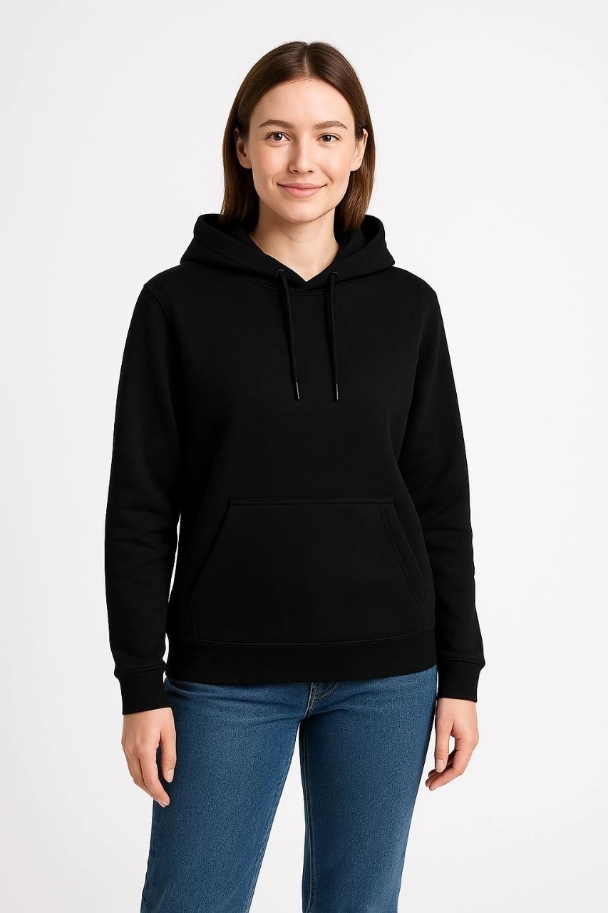Tarz Yeri Kadın 3 Iplik Pamuklu Kapüşonlu Kanguru Cepli Sweatshirt Hoodie - Siyah görsel 5