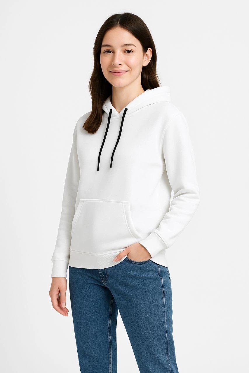 Tarz Yeri Kadın Kapüşonlu Kanguru Cepli 3 Iplik Pamuklu Oversize Hoodie Sweatshirt - Beyaz görsel 3